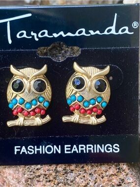 Taramanda Gold Owl Stud Earrings with Turquoise & Red Accents